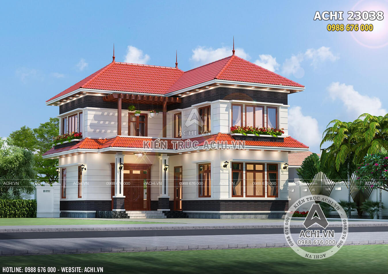 Hình ảnh: Không gian ngoại thất mẫu biệt thự hai tầng mái Thái tại Vĩnh Phúc ACHI 23038