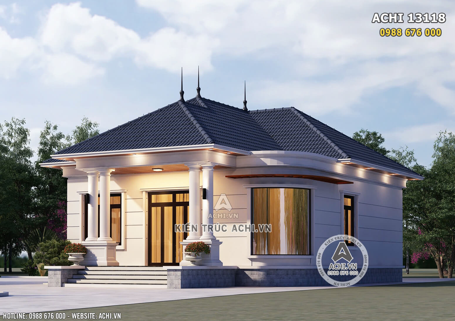 Phối cảnh 3D ngoại thất mẫu thiết kế nhà 1 tầng mái Nhật đẹp